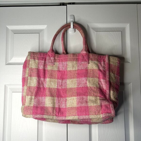 Sandro Pink Cream Gingham Check Pattern Calf Leather Patch Tote Bag - Picture 11 of 12
